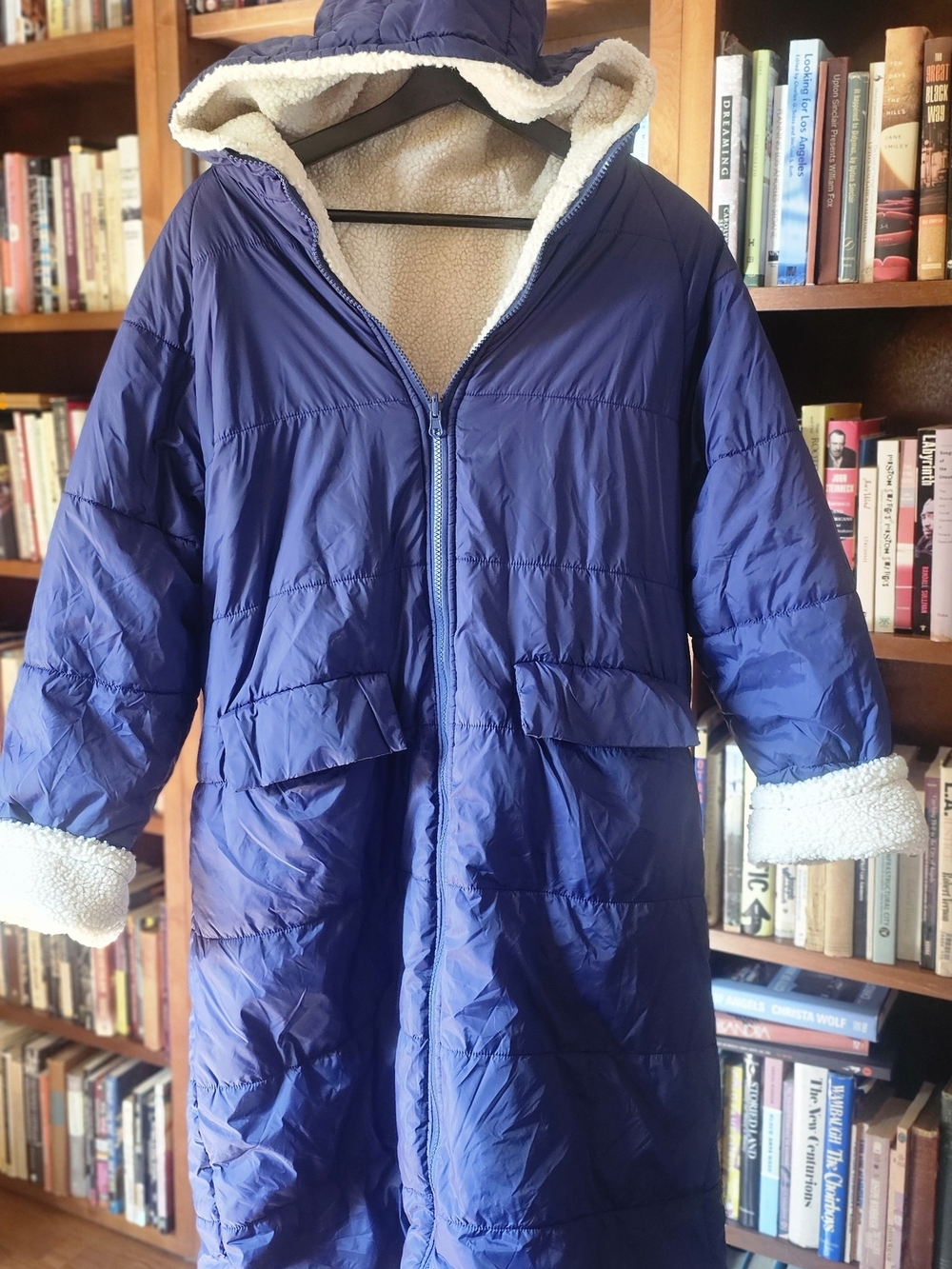 Long Hooded Sherpa-Lined Puffer Coat in Deep Blue